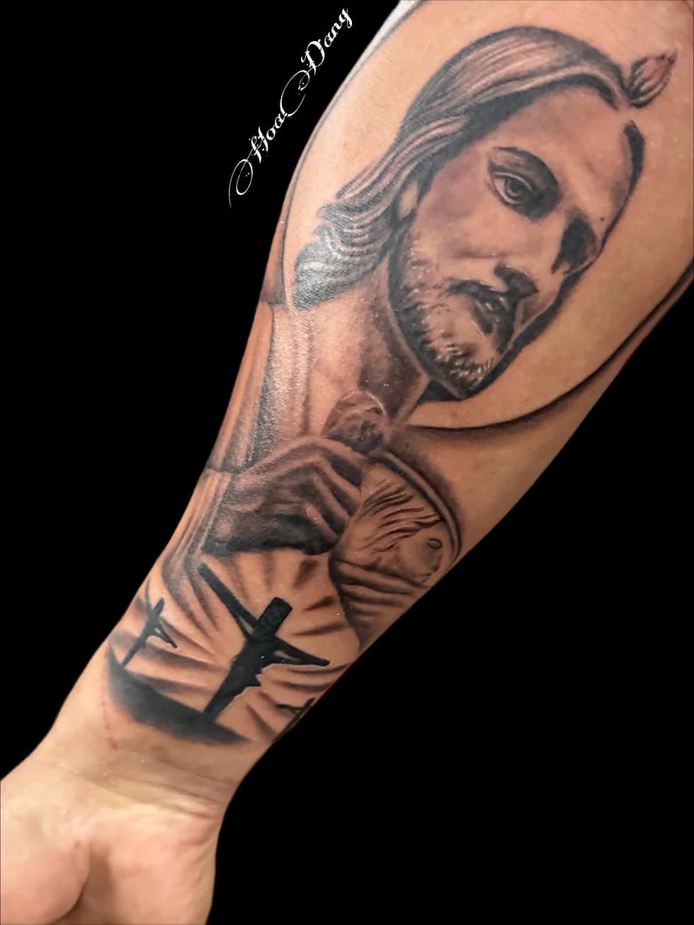 Black and grey Jesus and lamb tattoo by HoaDang